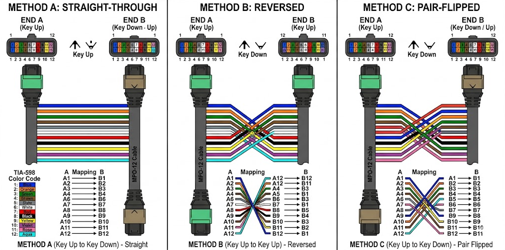 Diagram illustrating MPO Cable Polarity Method A, Method B, and Method C fiber mapping, showing straight-through, reversed, and flipped pair configurations with key-up to key-down connector orientations for structured data center cabling architecture. Diagram illustrating MPO Cable Polarity Method A, Method B, and Method C fiber mapping, showing straight-through, reversed, and flipped pair configurations with key-up to key-down connector orientations for structured data center cabling architecture.